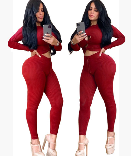 Red Ribbed Cut Out Sexy Crop Top and Leggings