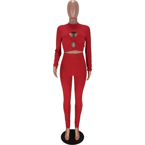 Red Ribbed Cut Out Sexy Crop Top and Leggings
