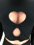 Black Ribbed Cut Out Sexy Crop Top and Leggings