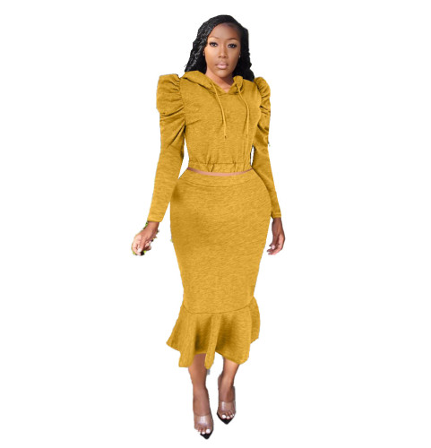 Yellow Puff Sleeve Crop Hoodie & Midi Skirt
