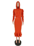 Solid Color Puff Sleeve Crop Hoodie & Midi Skirt