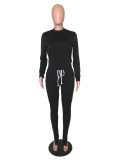 Solid Black Color Pullover & Ankle Zipper Pants Set