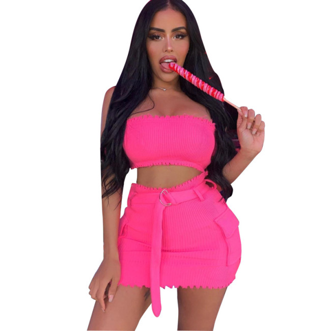 Off Shoulder Hot Pink Crop Top & Mini Skirt Set