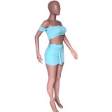 Off Shoulder Blue Crop Top & Mini Skirt Set