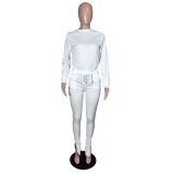 Solid White Color Pullover & Ankle Zipper Pants Set