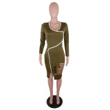 Hollow Out Army Green Slit Bodycon Dress