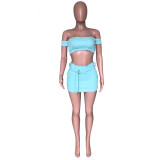 Off Shoulder Blue Crop Top & Mini Skirt Set