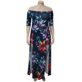 Plus Size Floral Print High Slit Maxi Dress