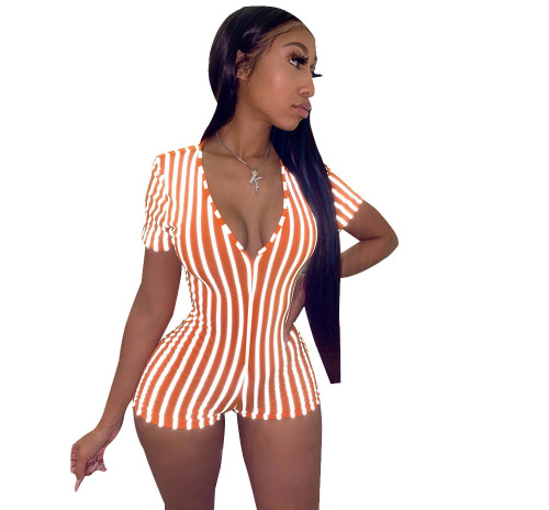 Orange & White Striped Deep V Short Sleeve Tight Romper