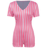 Pink & White Striped Deep V Short Sleeve Tight Romper