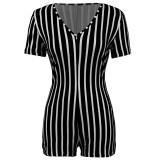 Black & White Deep V Striped Short Sleeve Tight Romper