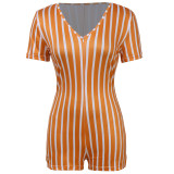 Orange & White Striped Deep V Short Sleeve Tight Romper