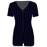 Navy & Black Striped Deep V Short Sleeve Tight Romper