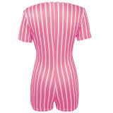 Pink & White Striped Deep V Short Sleeve Tight Romper