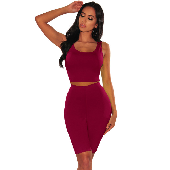 Burgundy Crop Tank Top & Shorts Basic Two Piece Sportswear