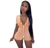 Orange & White Striped Deep V Short Sleeve Tight Romper