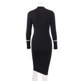 High Neck Black Long Sleeve Midi Dress with Contrast Stripe