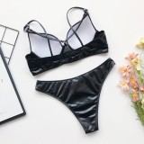 Black Patent PU Leather Moulded Cup Two Piece Swimwear