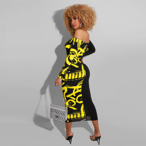 Contrast Yellow Print Tight Midi Dress