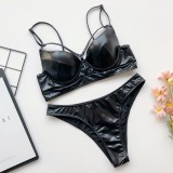 Black Patent PU Leather Moulded Cup Two Piece Swimwear