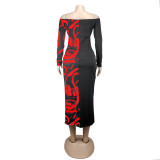 Contrast Red Print Tight Midi Dress