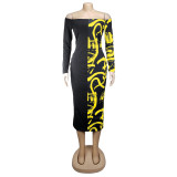 Contrast Yellow Print Tight Midi Dress