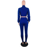 Shirred Sleeve Blue Crop Jacket and Pants Set