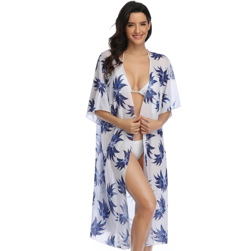 White & Blue Floral Print Cardigan Cover Up