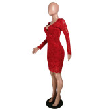 Floral Red Lace Deep V Bodycon Dress