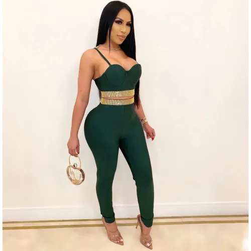 Rhinestone Green Cami Top and Pants Set