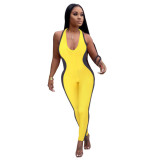 Halter Yellow Tight Jumpsuit with Contrast Panel