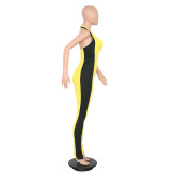 Halter Yellow Tight Jumpsuit with Contrast Panel