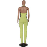 Halter Green Tight Jumpsuit with Contrast Panel
