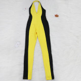 Halter Yellow Tight Jumpsuit with Contrast Panel