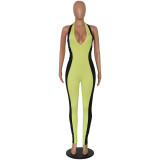 Halter Green Tight Jumpsuit with Contrast Panel