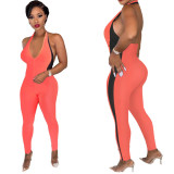 Halter Pink Tight Jumpsuit with Contrast Panel