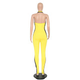 Halter Yellow Tight Jumpsuit with Contrast Panel