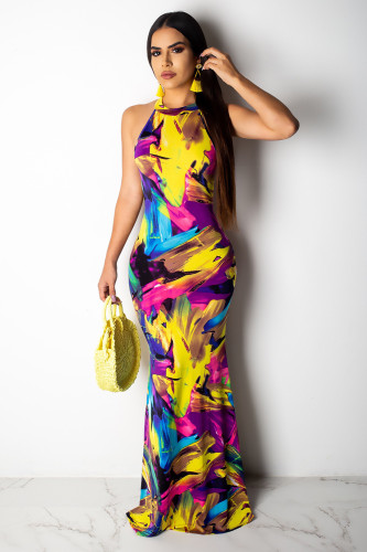 Colorful Print Cutout Back Plus Size Halter Maxi Dress