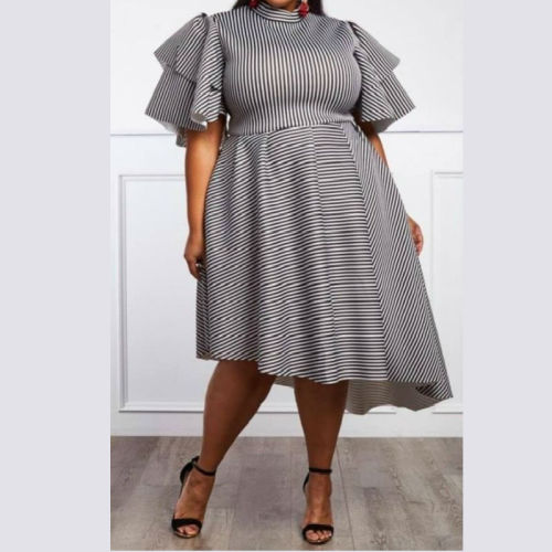 Plus Size Ruffle Sleeve Striped Irregular Dress
