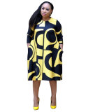 Print Yellow & Black 3/4 Sleeve Loose Plus Size Dress