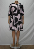Print Pink & Black 3/4 Sleeve Loose Plus Size Dress