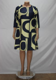 Print Yellow & Black 3/4 Sleeve Loose Plus Size Dress