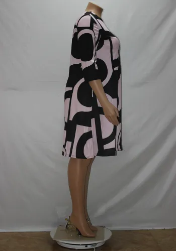 Print Pink & Black 3/4 Sleeve Loose Plus Size Dress