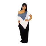 Colorblock Short Sleeve Casual Maxi Dress