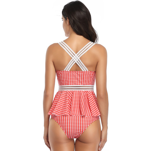 Plaid Red High Waist Peplum Tankini Two Piece Swimsuit