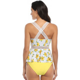 Sun Flower High Waist Peplum Tankini Two Piece Swimsuit