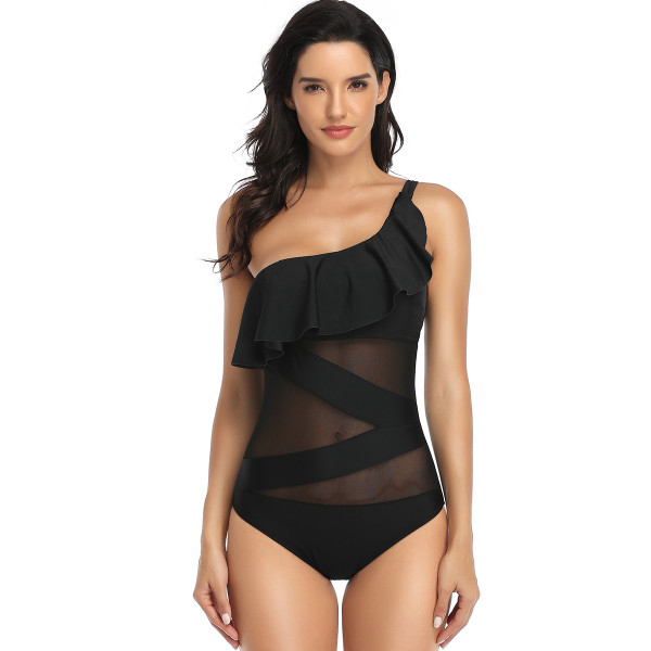 Black Ruffle One Shoulder Mesh Insert One Piece Swimsuit On Sale