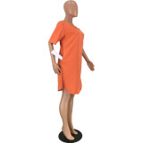 Plain Orange Loose Casual Dress with Pockets