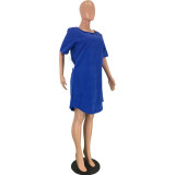 Plain Blue Loose Casual Dress with Pockets