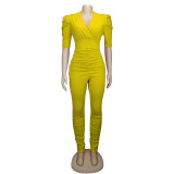 Yellow Puff Sleeve V Neck Ruched Detail Sexy Jumpsuit